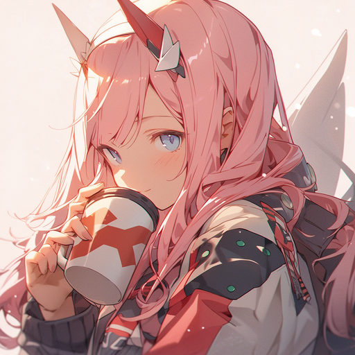 Zero Two from Darling in the Franxx anime sipping coffee.