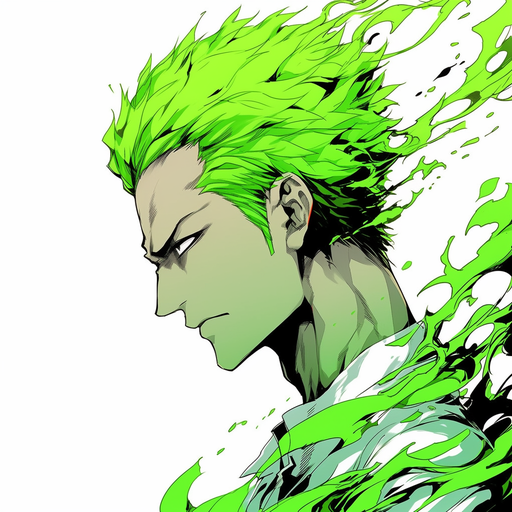 Intense portrait of Zoro from One Piece with vibrant green details.