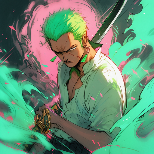 Zoro, a character from One Piece, in a precise and expressive style with cold colors.