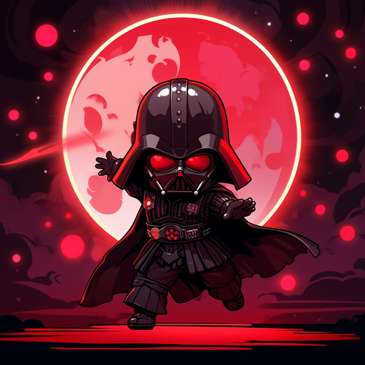 Chibi-style Darth Vader in Star Wars background.