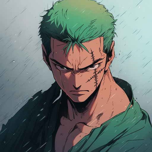 Roronoa Zoro in expressive, cold-colored art style, portraying a precise and sharp character.