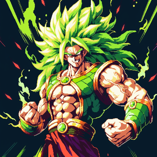 Powerful Broly with vibrant colors against a stylized background.