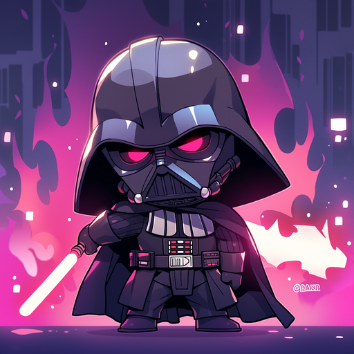 Chibi-style Darth Vader against Star Wars background.