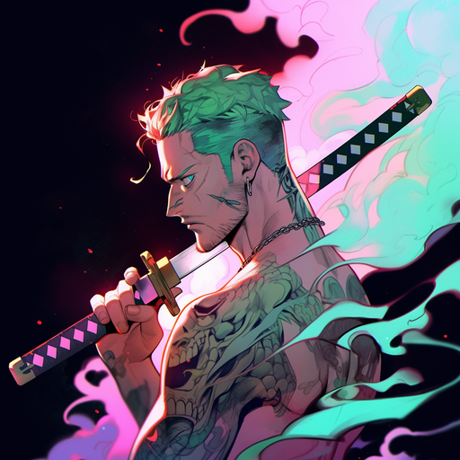 Zoro, from One Piece, depicted in an expressive, cold-colored style, with precise and sharp features.