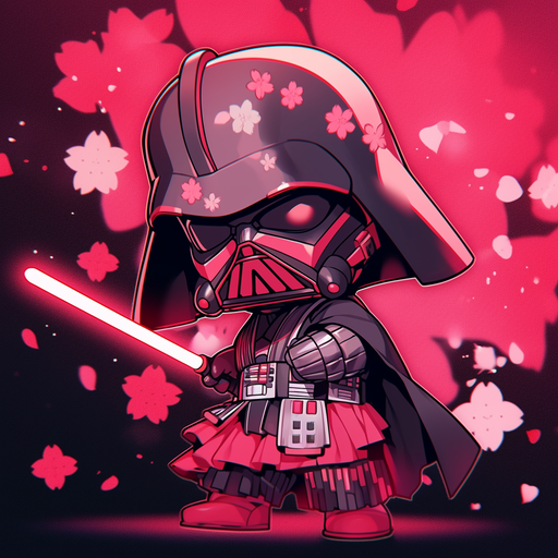 Chibi-style Darth Vader with Star Wars background.