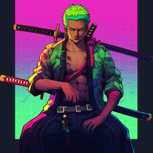 Zoro in vibrant 80's style with vivid colors.
