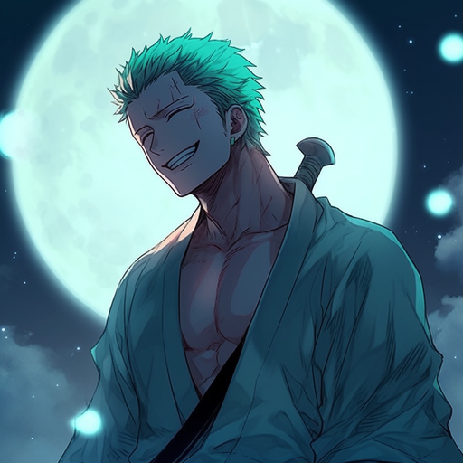 Zoro with hair, smiling against a moon background.