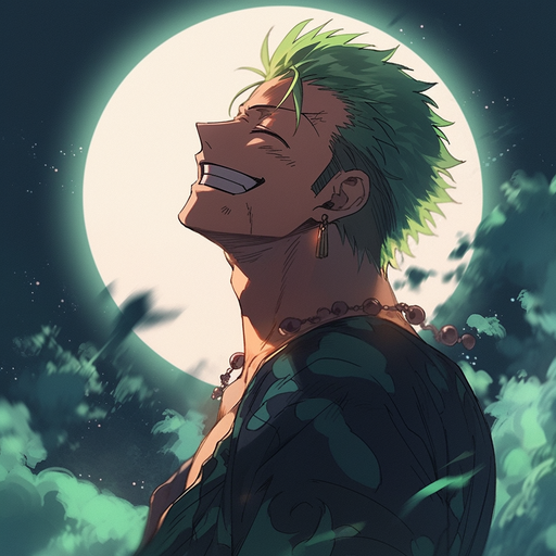 Zoro smiling with stylish hair against a moonlit background.