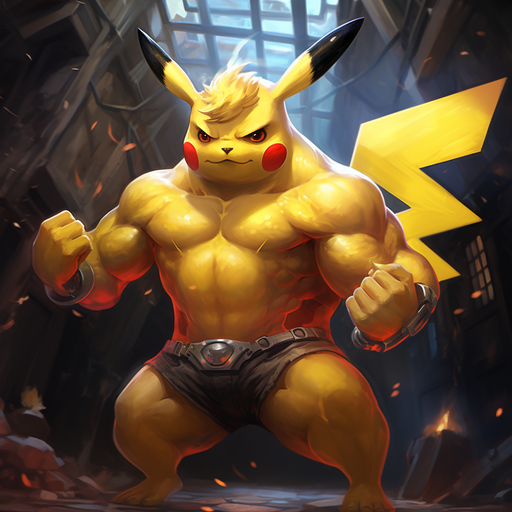Muscular Pikachu with electrified fur, ready for action
