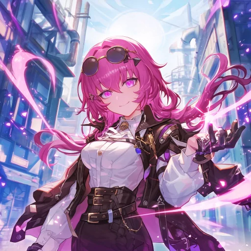 Anime-style avatar featuring a character with pink hair and goggles, posing confidently in a futuristic city background.