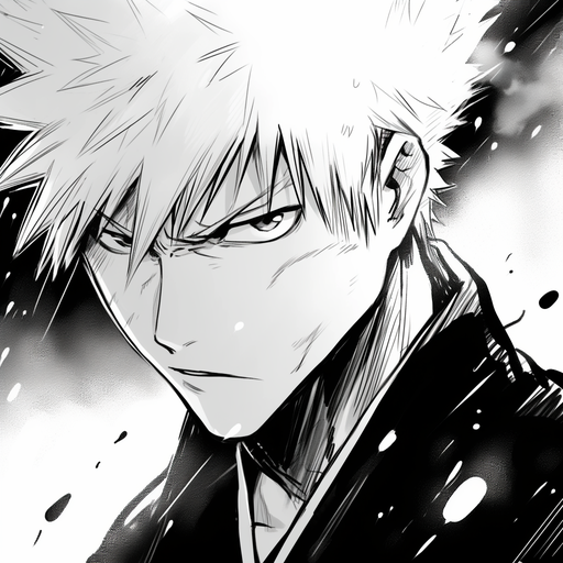 Black and white portrait of Ichigo Kurosaki from the Bleach manga series.