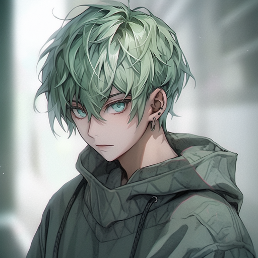 Alt text: A portrait of an anime boy with vibrant green hair against a colorful background.