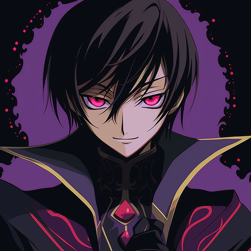 Lelouch, an anime character in a close-up portrait with vibrant colors.