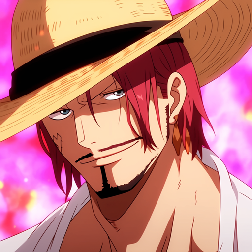 Shanks, from One Piece anime, wearing a straw hat, smirking against a vivid background.