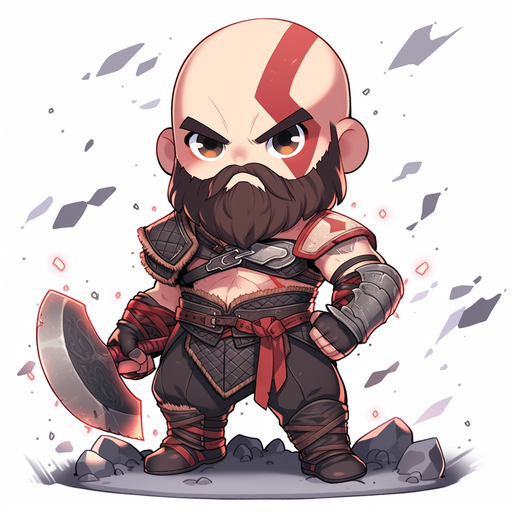 Kratos, a chibi anime character with vibrant colors and a playful expression.