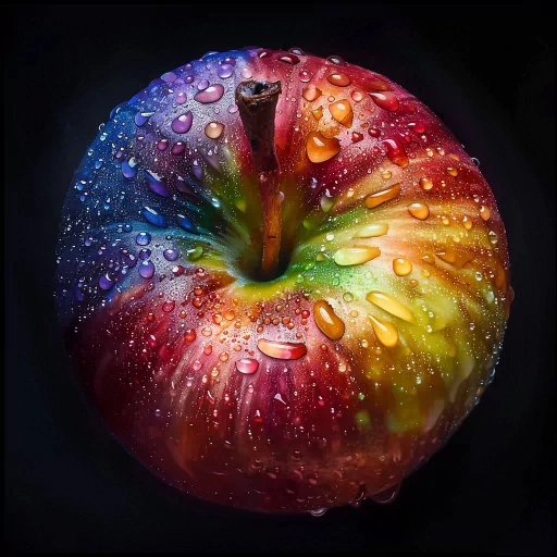 Colorful apple with water droplets against a dark background, used as a vibrant profile picture/avatar.