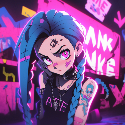 Jinx, a graffiti-style character in vibrant colors, representing a sense of chaos and mischief.