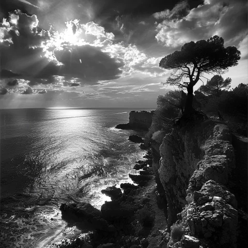 Black and white scenic coastal landscape for profile picture with sun rays piercing through clouds over the sea.