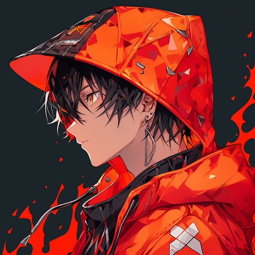 Anime boy with bold red colors in pfp.