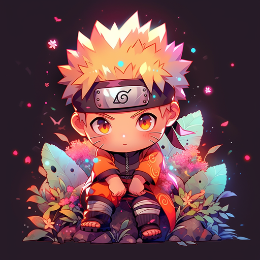 Chibi Naruto with colorful background depicting playful anime character.