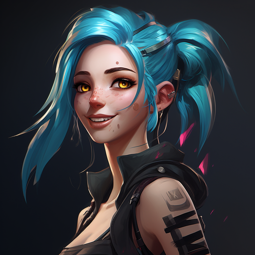 Confident and smiling Jinx from League of Legends.