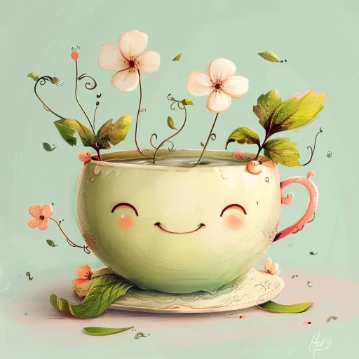 Cheerful animated profile picture featuring a smiling teacup adorned with blooming flowers and fresh leaves, symbolizing joy and positivity.