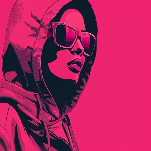 Stylized pink avatar of person in hoodie and sunglasses for profile photo.