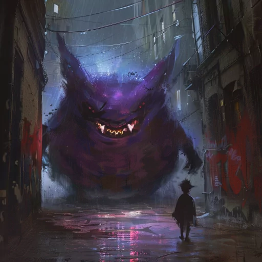 Digital illustration of a Gengar Pokemon looming in a dark, rain-soaked alleyway as a figure walks towards it, creating a mysterious and moody Gengar profile picture.
