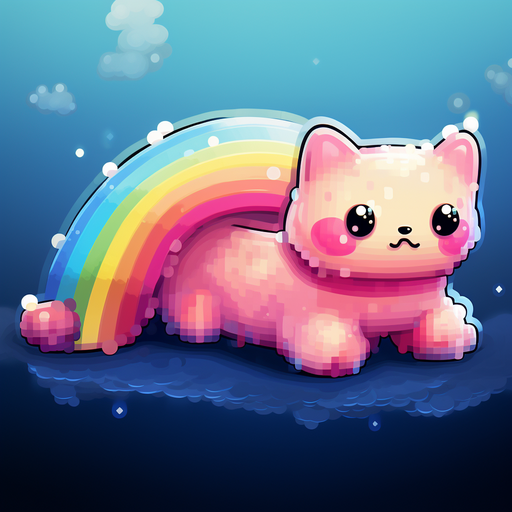 Pixel art representation of Nyan Cat, a popular internet meme, flying through space with a rainbow trail.