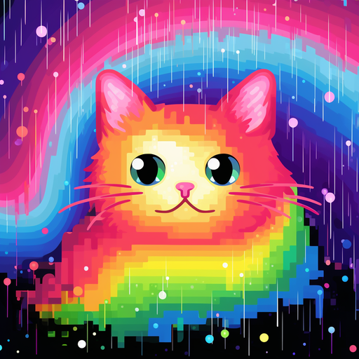 Nyan Cat with rainbow trail, 8-bit style.