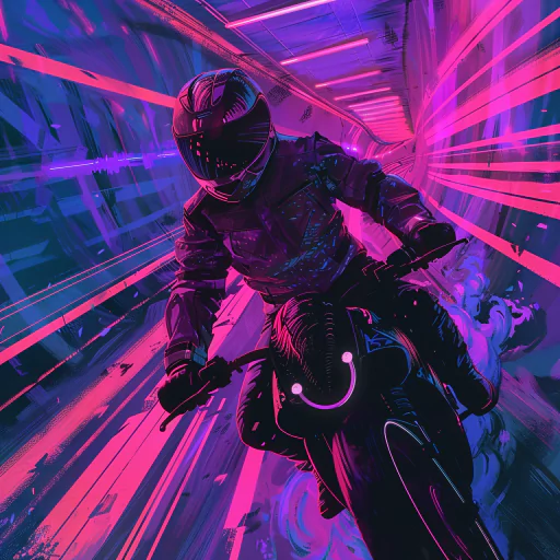 Avatar showing a motorcyclist in a dark, futuristic setting with neon lights, riding through a tunnel with pink and purple streaks of light.