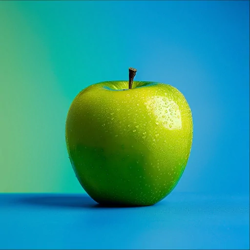 Fresh green apple with water droplets against a blue and green gradient background, ideal for a crisp and vibrant profile photo.