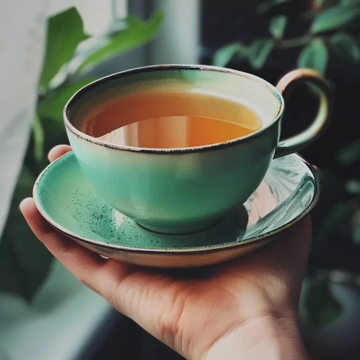 Elegant green tea cup with saucer held in hand, ideal for a cozy tea-themed profile picture with a plant backdrop.