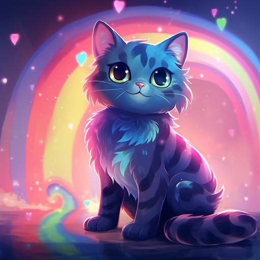 Colorful, animated cat with a rainbow trail in a pixelated style.