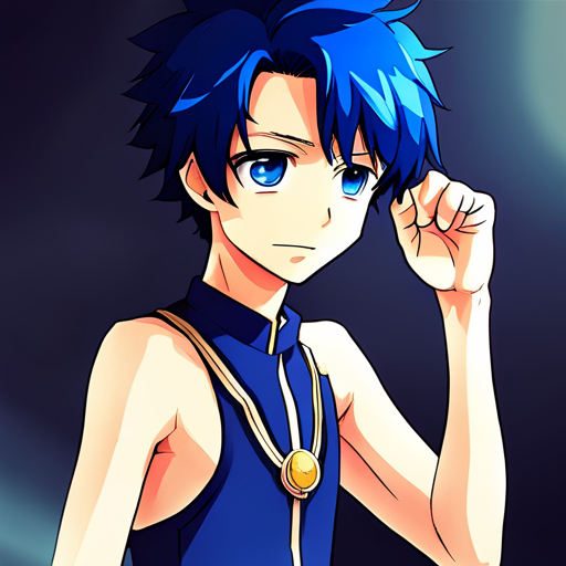 Blue anime character with a cool hairstyle, looking determined and ready for action.
