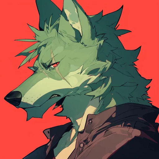 Stylized wolf avatar with a confident gaze set against a red background for a profile picture.