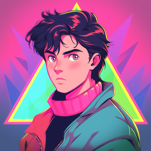 Retrowave-styled artwork of a boy with vibrant colors and nostalgic vibes.