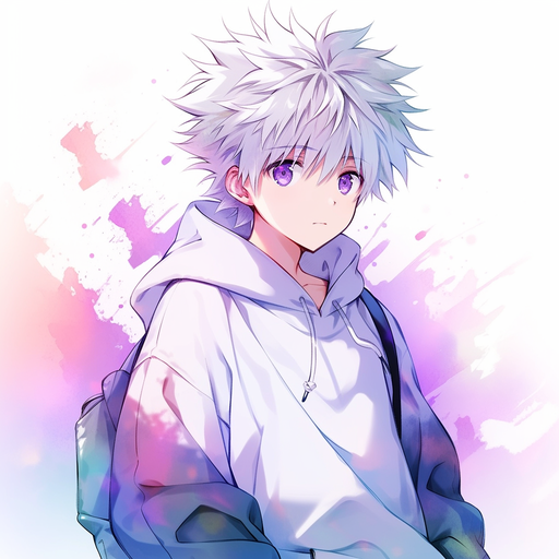 Triadic colored illustration of Killua, a character with short silver hair, spiky bangs, and red-framed glasses.