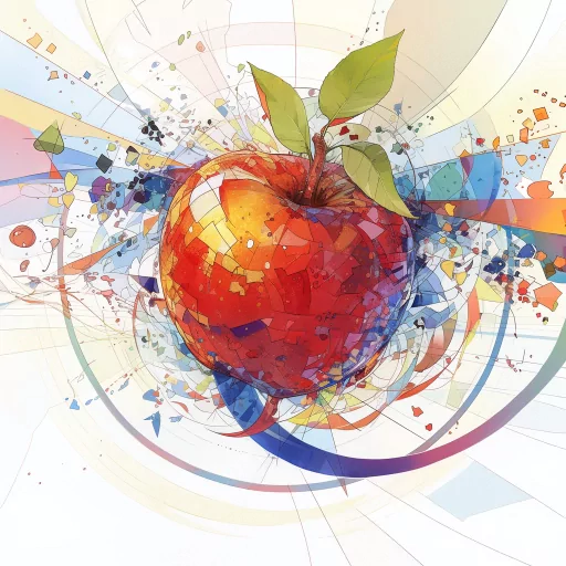 Abstract apple profile picture featuring colorful, artistic splashes and swirls around a vibrant red apple.