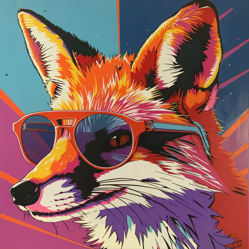 Colorful pop art illustration of a fox wearing sunglasses. The vibrant background features geometric shapes in blue, purple, and orange.