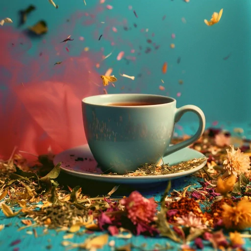 Aesthetic tea profile picture featuring a cup surrounded by vibrant dried flowers and herbs on a colorful background.