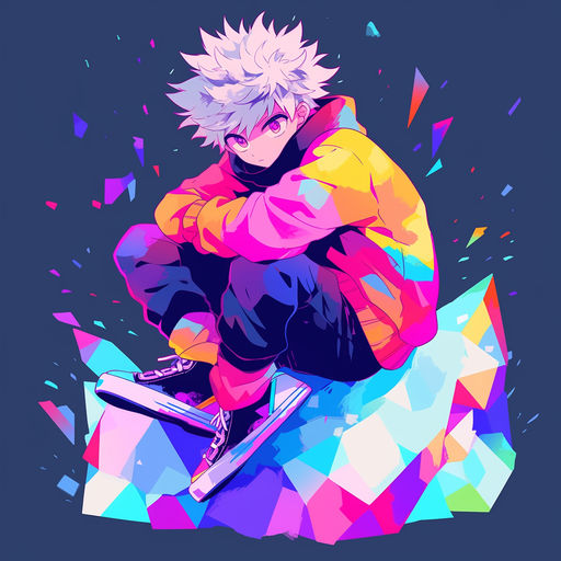 Triadic colored portrait of Killua, an anime character with spiky silver hair and a serious expression.