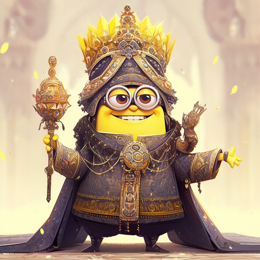 Minion dressed as a king holding a scepter and wearing a crown.
