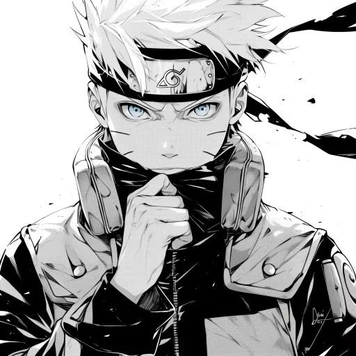 Black and white illustrated avatar of a manga-style character with a headband and jacket for use as a profile picture.
