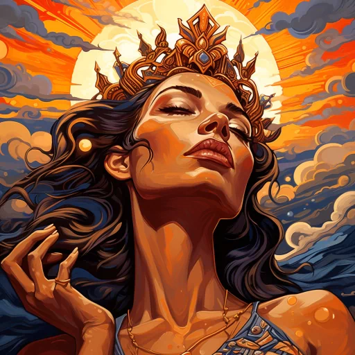 Illustration of a regal queen profile picture featuring an elegant queen with a majestic crown against a sunset background, ideal for avatar use.