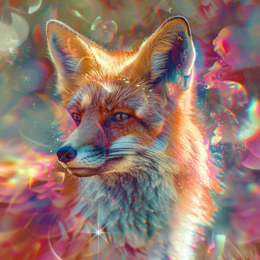 Vivid digital artwork of a fox surrounded by colorful, swirling lights and bokeh effects.