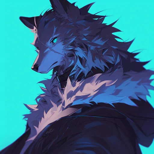 Stylized wolf avatar with a dynamic blue and black fur design for a profile picture.