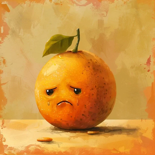 Cartoon orange with a sad expression profile photo on a textured background.