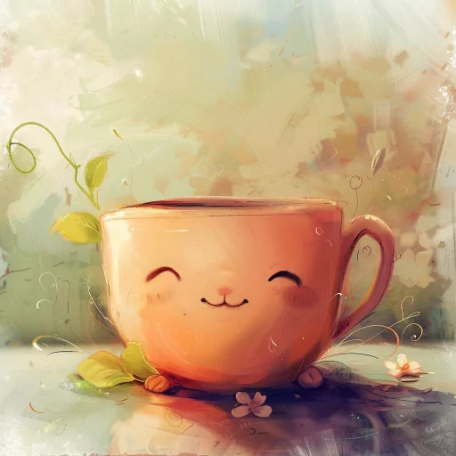 Cheerful animated tea cup profile picture with a cute smiling face surrounded by leaves and flowers.