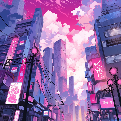 Anime-inspired city skyline with a punkcore aesthetic.
